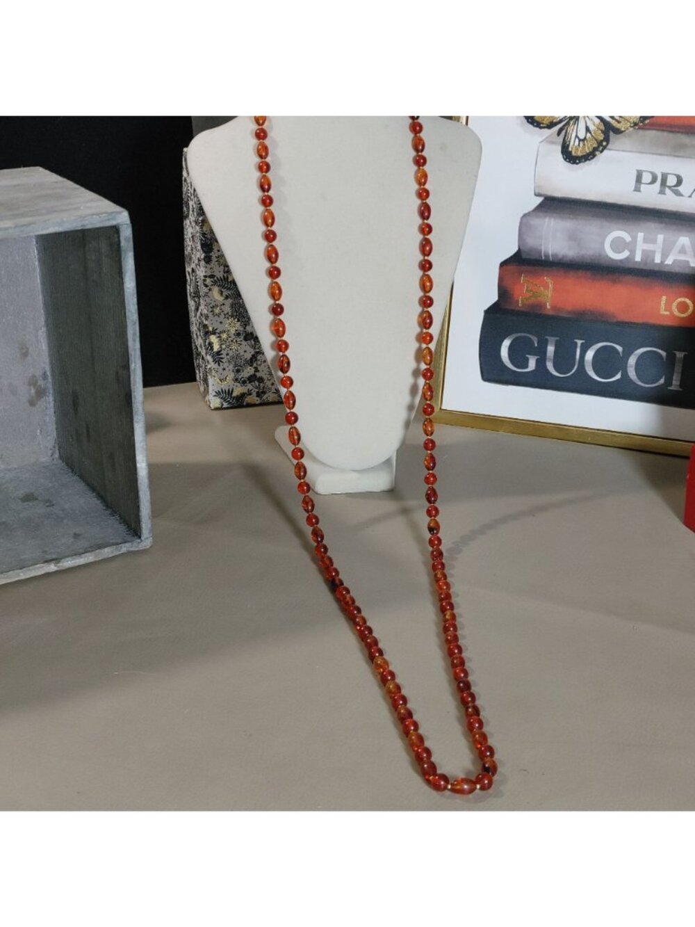 Hobe Necklace Vintage Brown Red Ambar Lucite Bead Gold Tone Accents 54 Inches - Picture 6 of 16